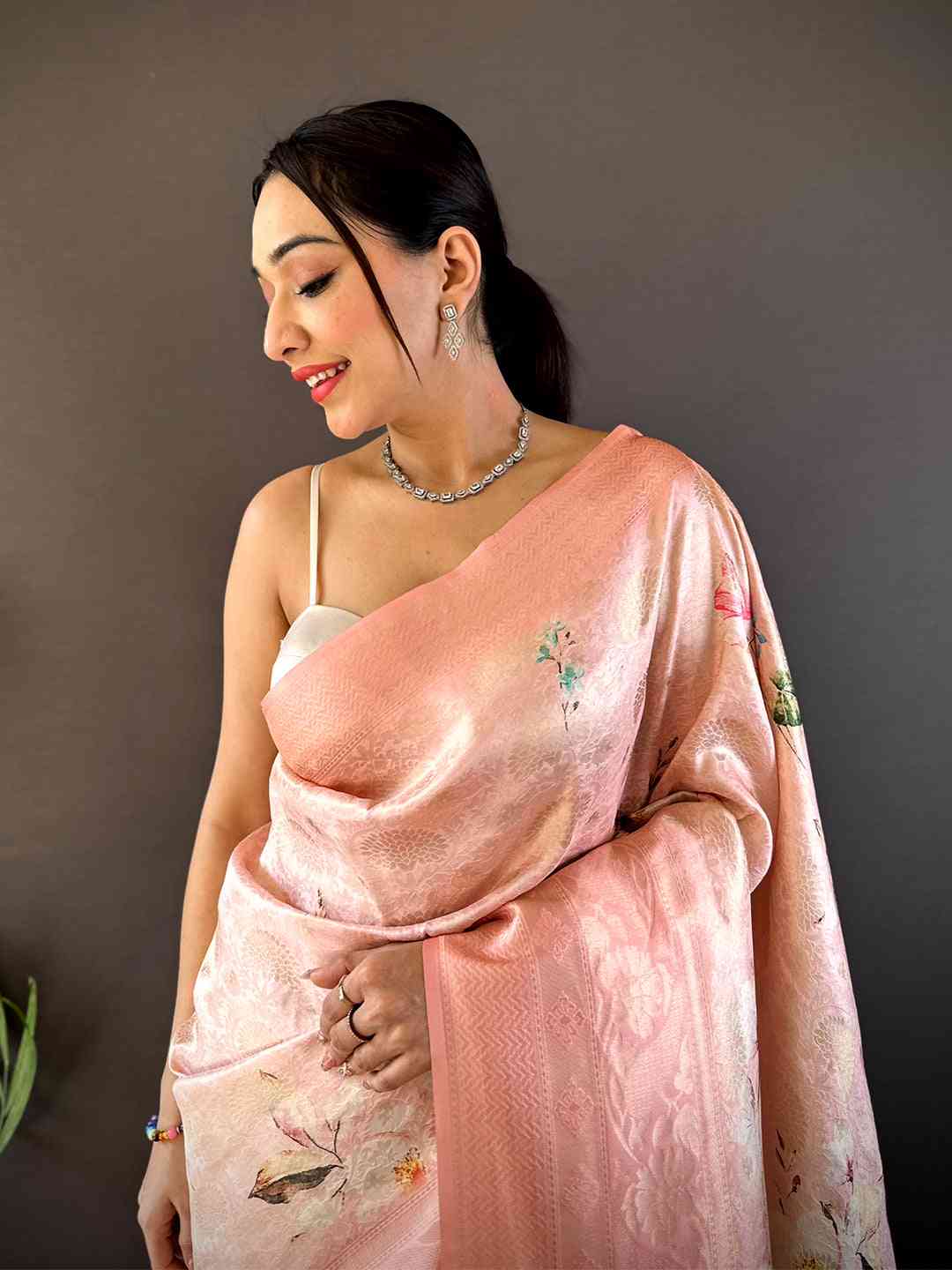 Pastel Peach Kanjivaram Digital Silk Saree