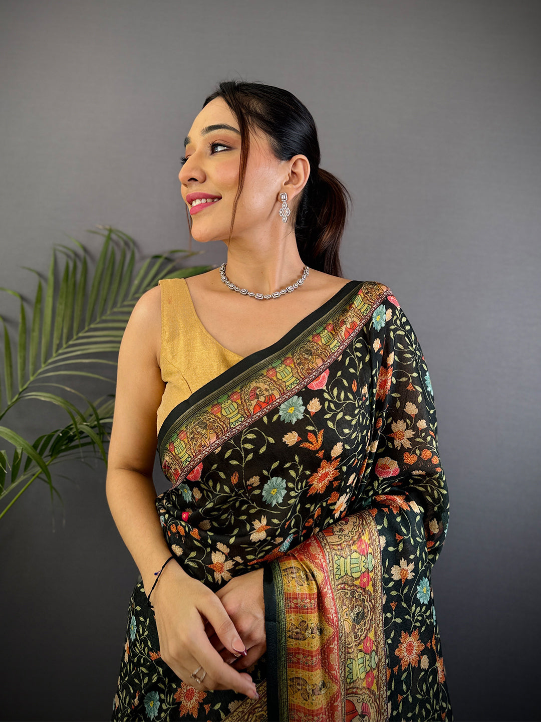 Black Aari Pashmina Print Linen Saree