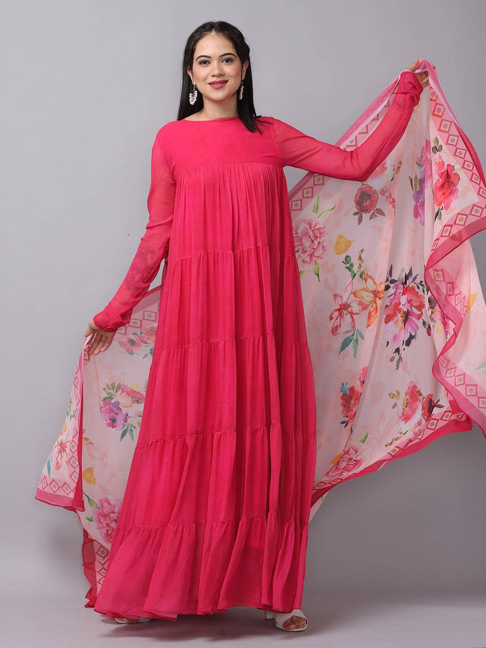 Majestic Rani Colored Long Dress with floral dupatta