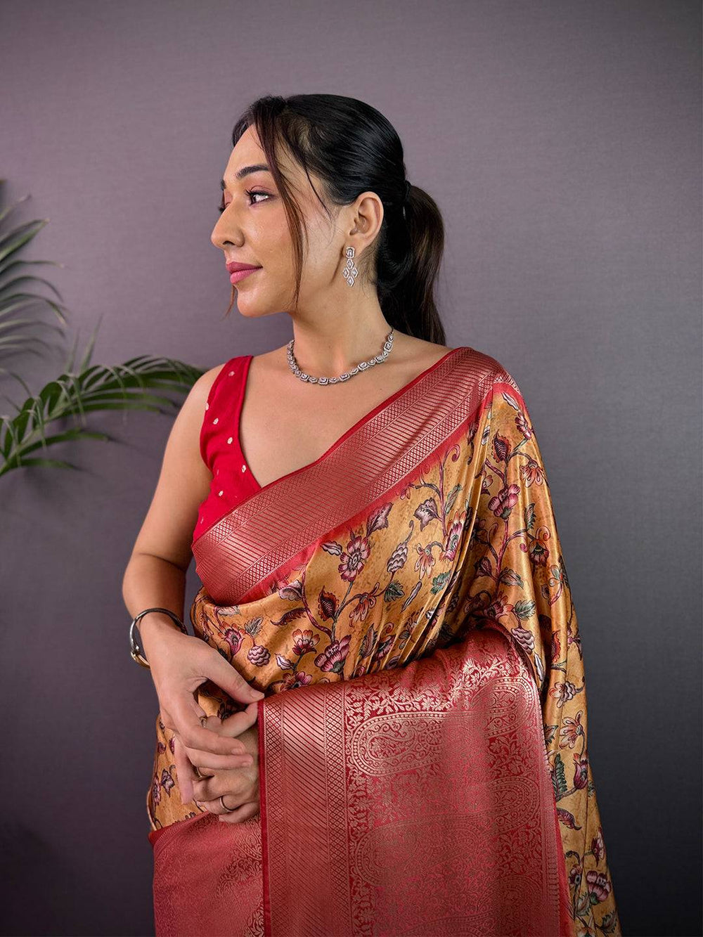 Mustard Yellow Cherry Satin Kalamkari Saree