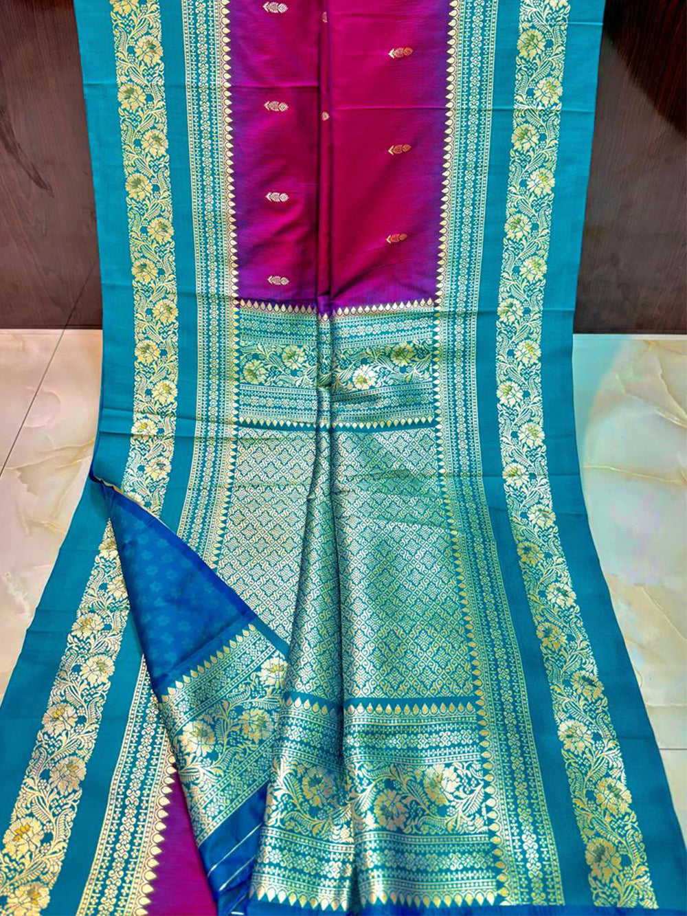 Gold Zari Woven Magenta Soft Silk Saree