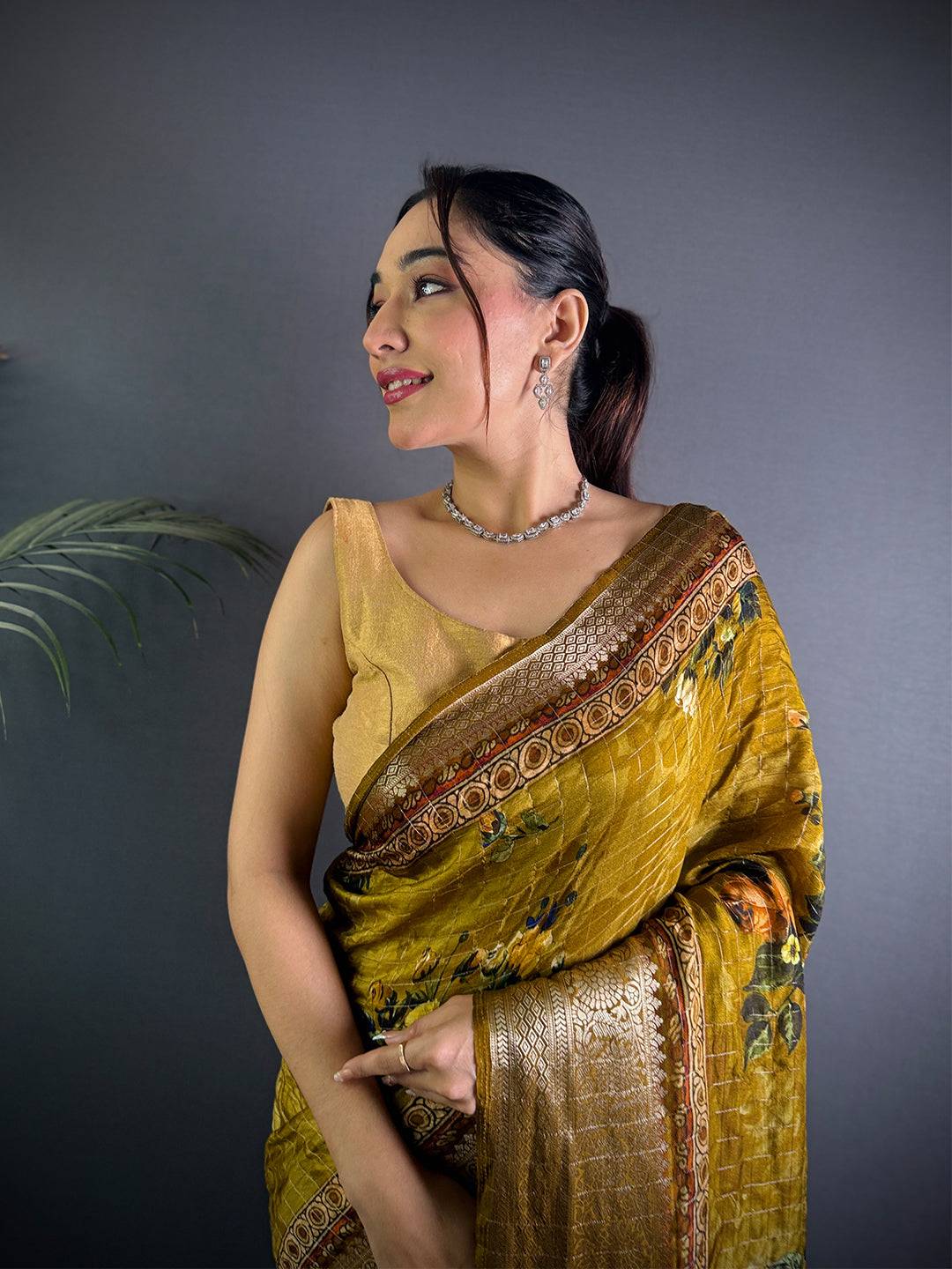 Mustard Pure Viscose Floral Printed Saree