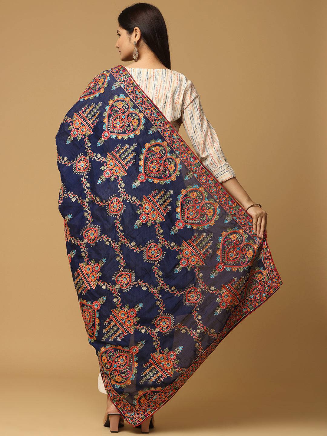 Navy Poly Chiffon Pashmina Threadwork Dupatta