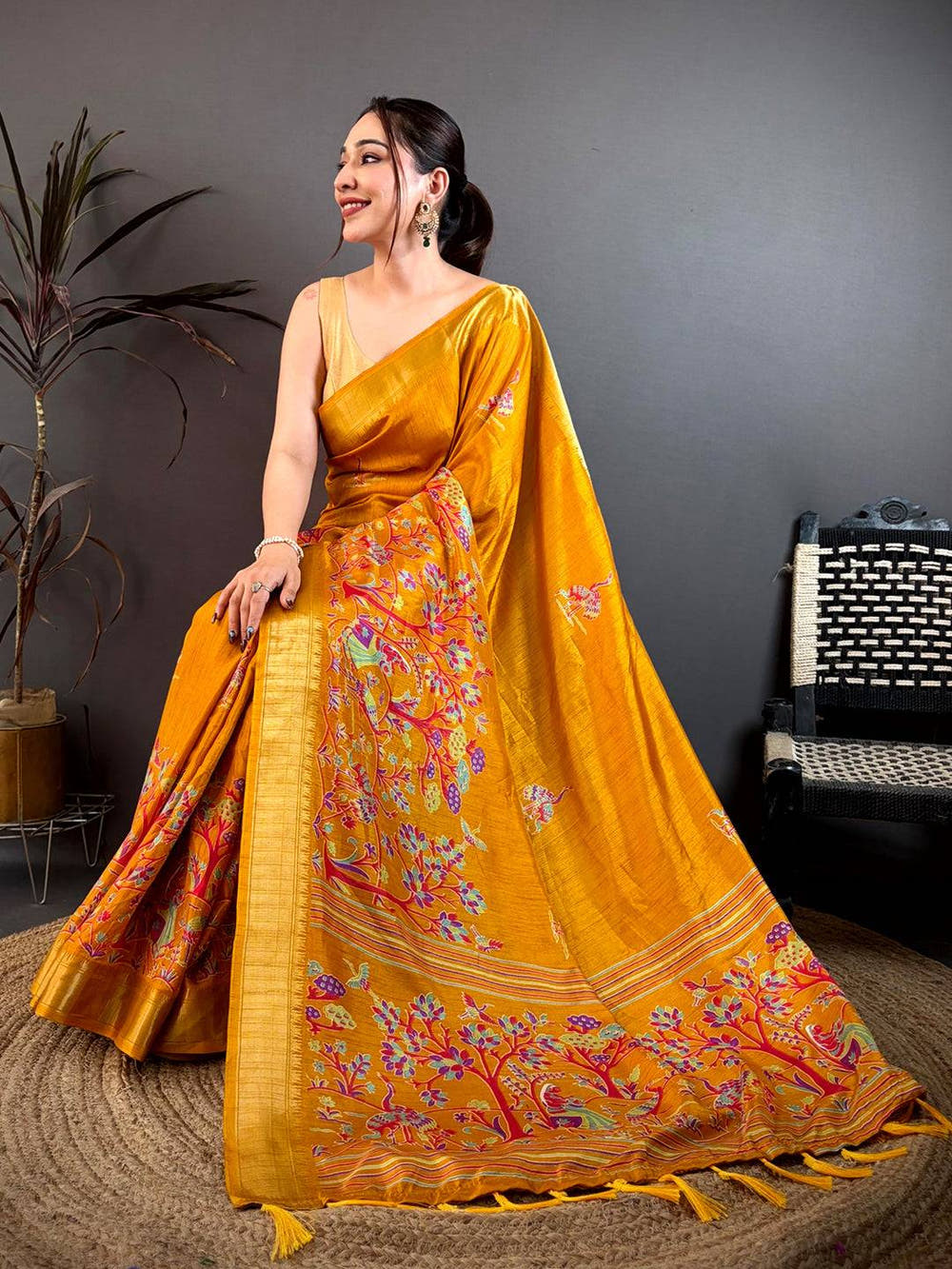 Dark Mustard Shade Printed Dola Silk Saree

