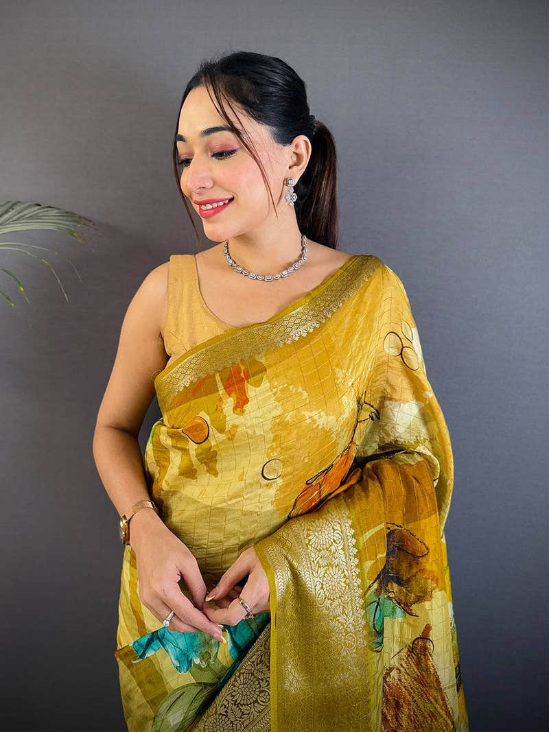 Mustard Yellow Viscose Floral Print Saree with Gold Zari Border