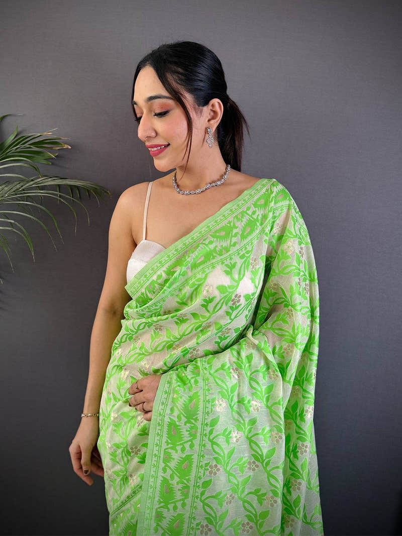Green Soft Dhakai Jamdani Silk Saree