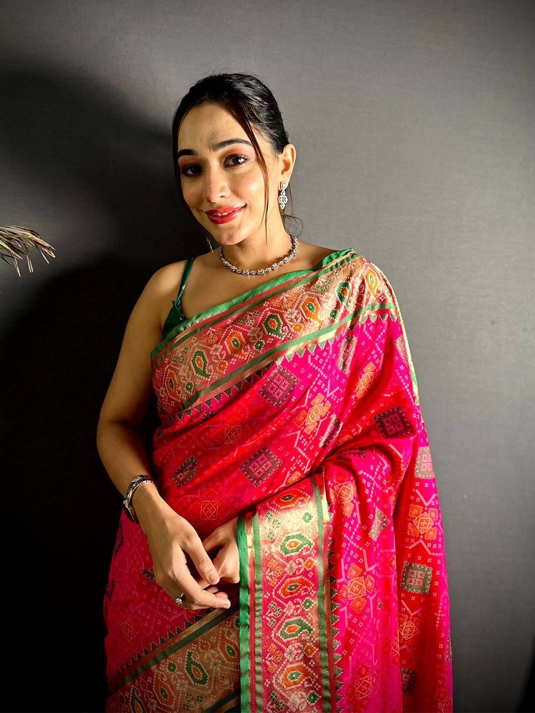 Pink Soft Silk Saree With Patola Weaving

