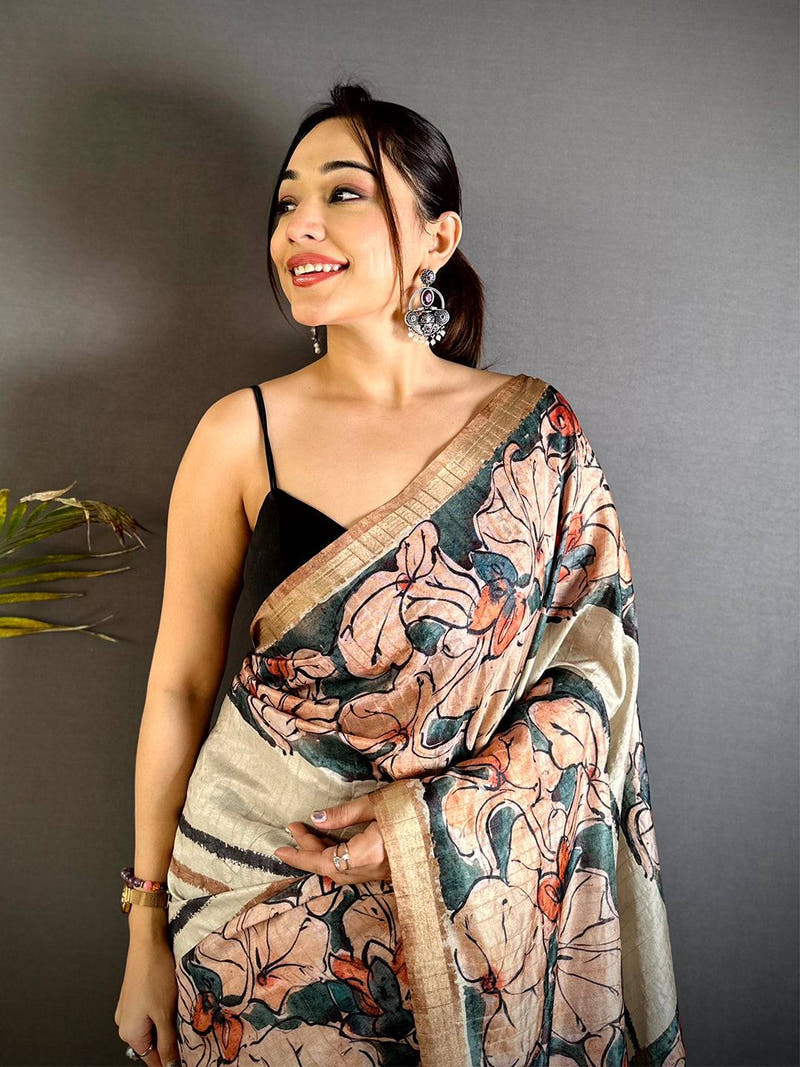 Stylish Ghicha Tussar Digital Art Saree