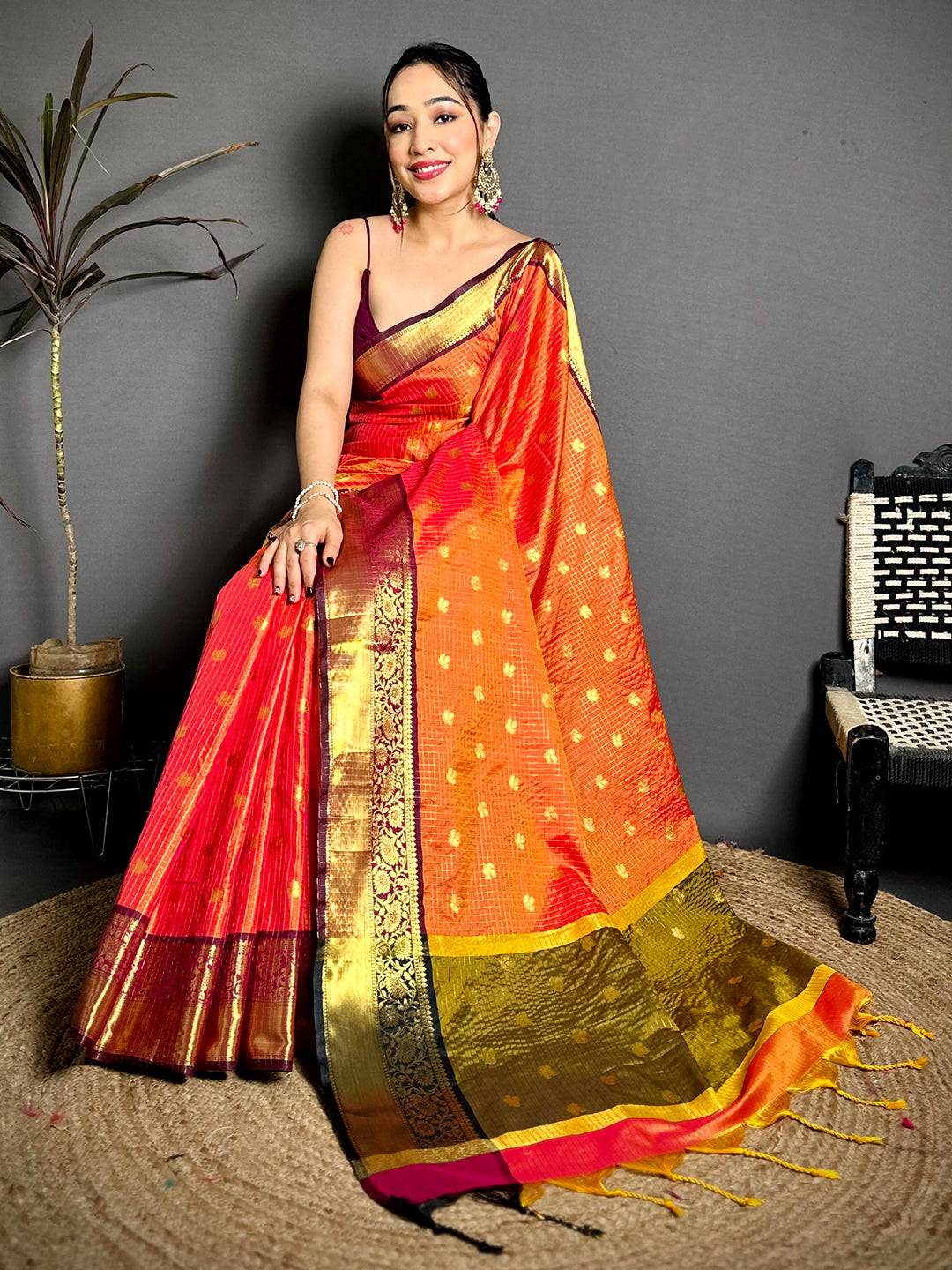 Tussar Silk Saree with Gold Zari Chex Design