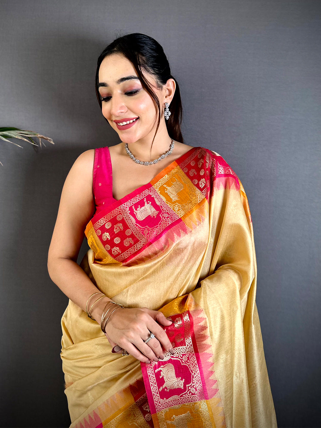 Cream Minakari Kanchi Pattu Raw Silk Saree