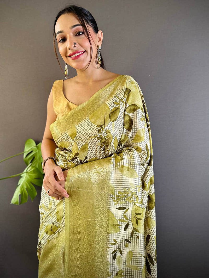 Leaf And Check Olive Viscose Saree