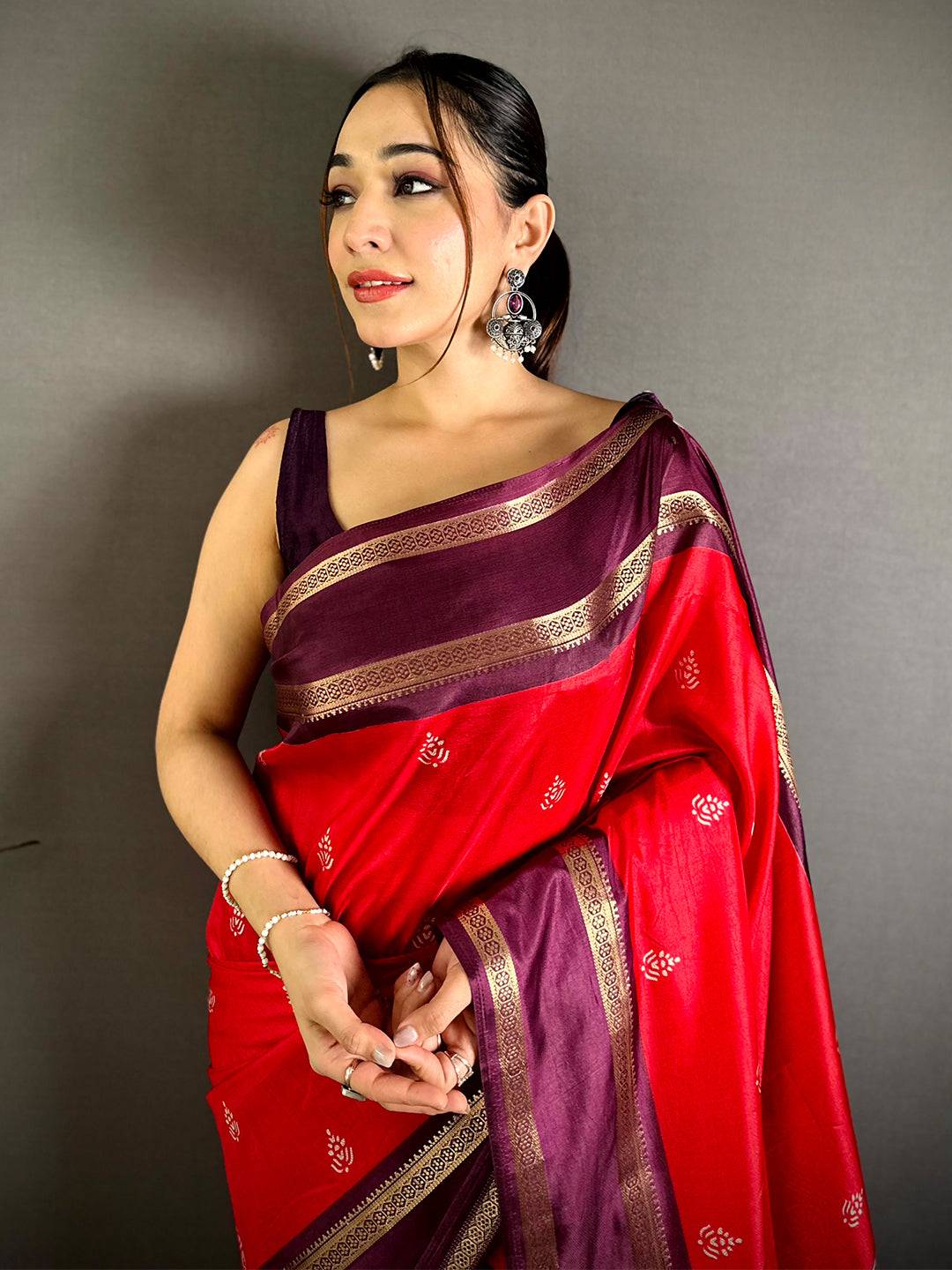 Red Soft Dola Block Print Pallu Saree