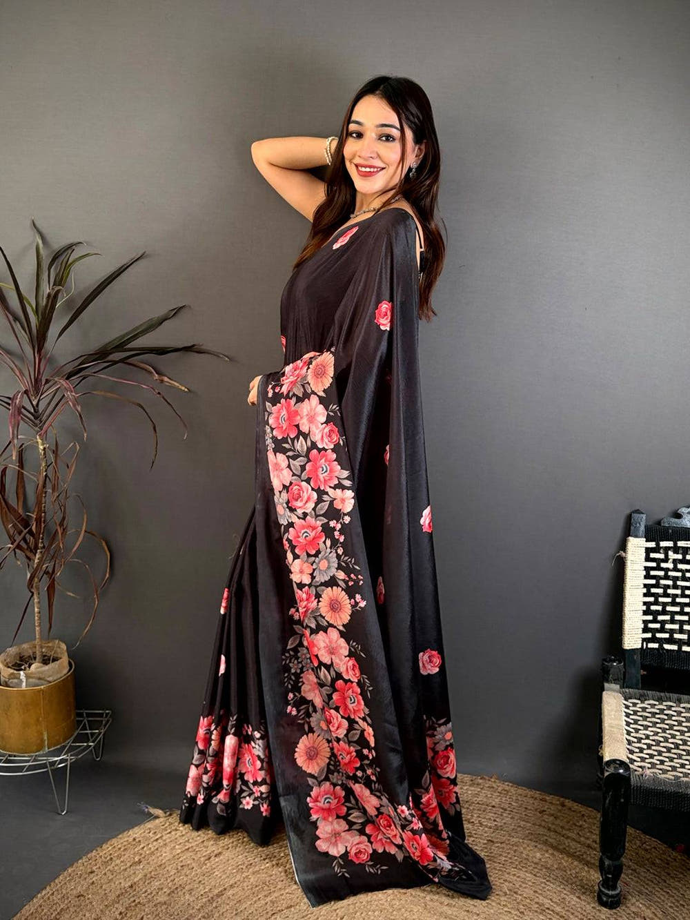 Black Floral Print Soft Chinnon Saree
