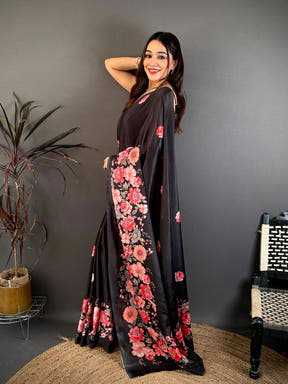 Black Floral Print Soft Chinnon Saree