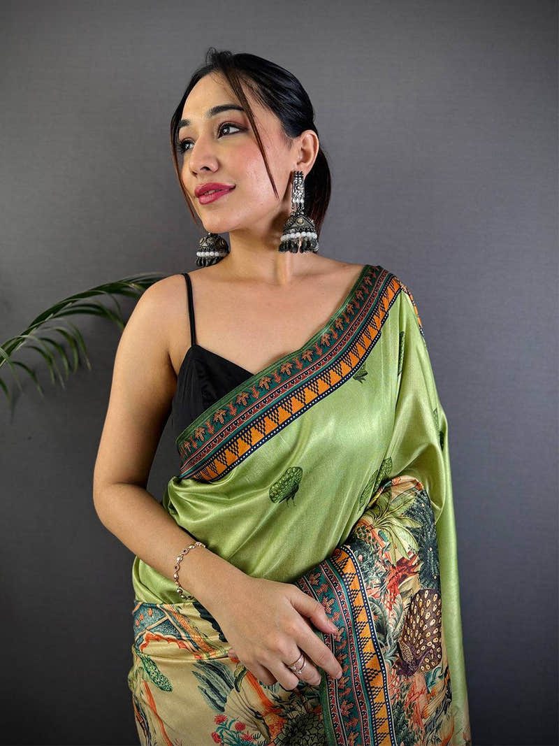 Olive Soft Dola Silk Printed Saree