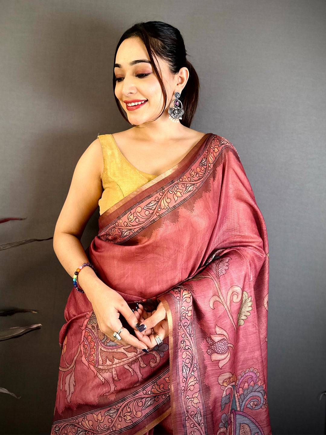 Rose Pink Vintage Pen Kalamkari Chanderi Saree