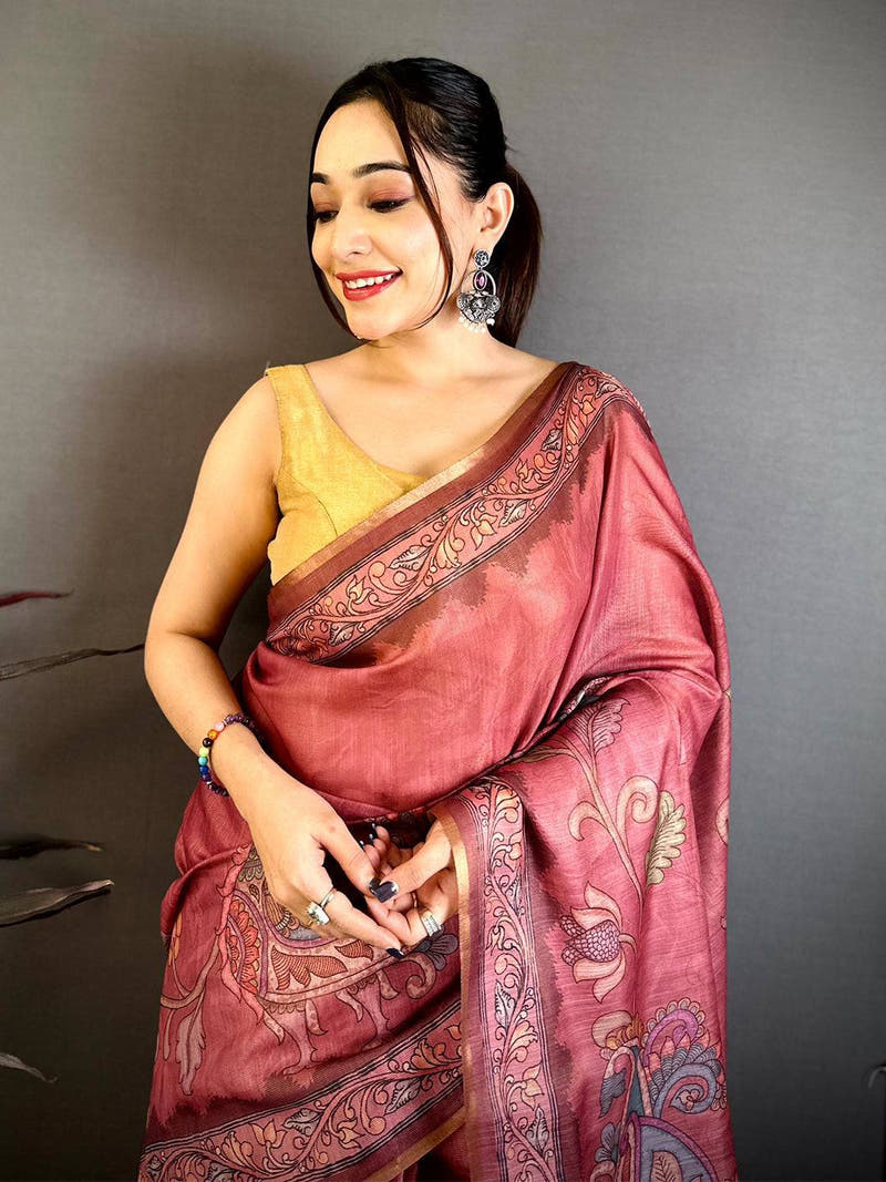 Rose Pink Vintage Pen Kalamkari Chanderi Saree