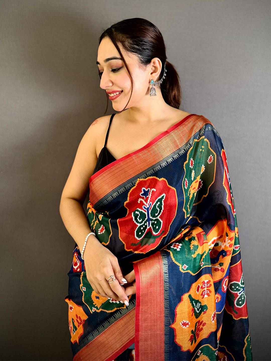 Navy Soft Dola Big Ikkat Minakari Print Saree