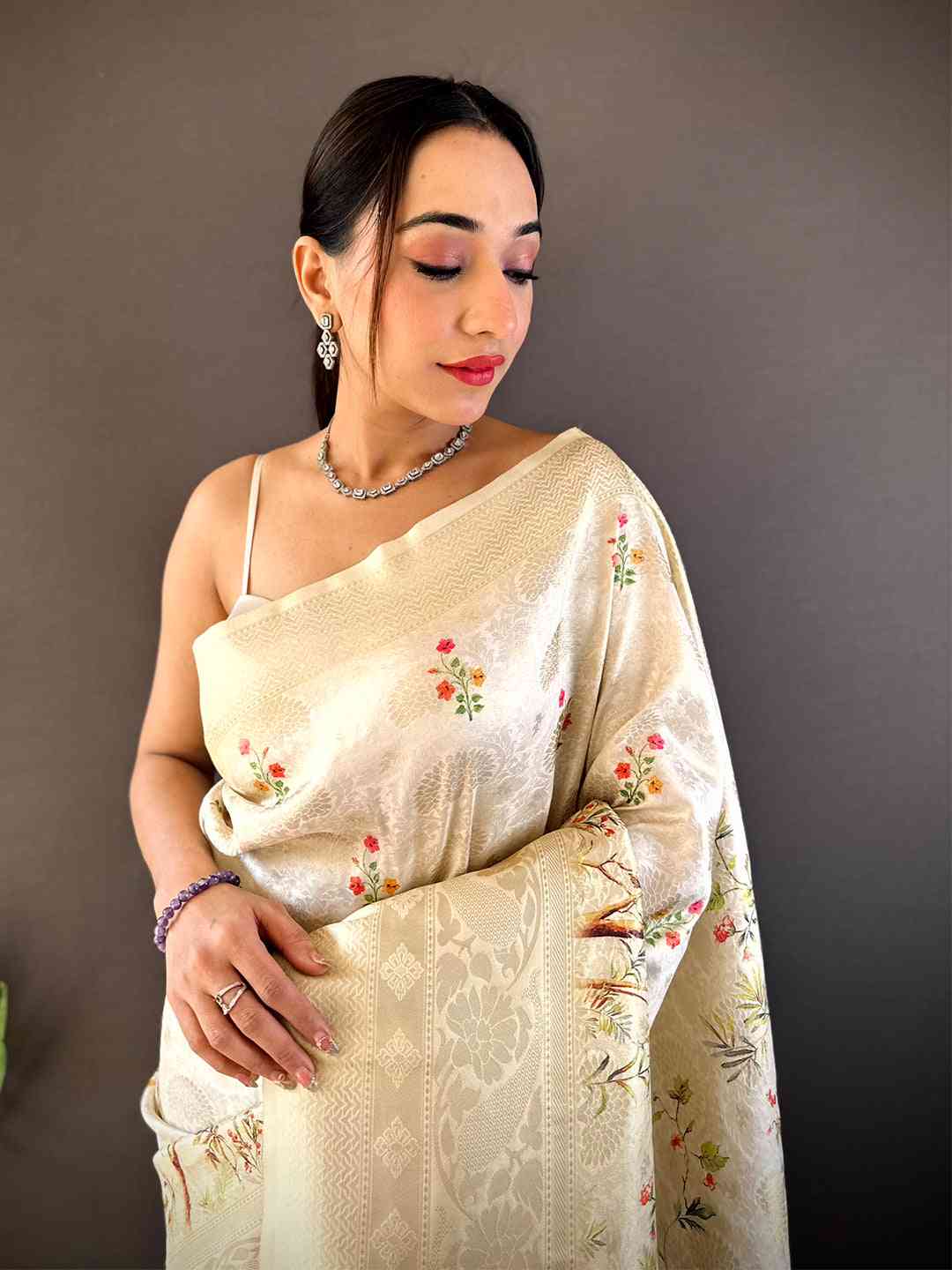 White Kanjivaram Digital Silk Saree