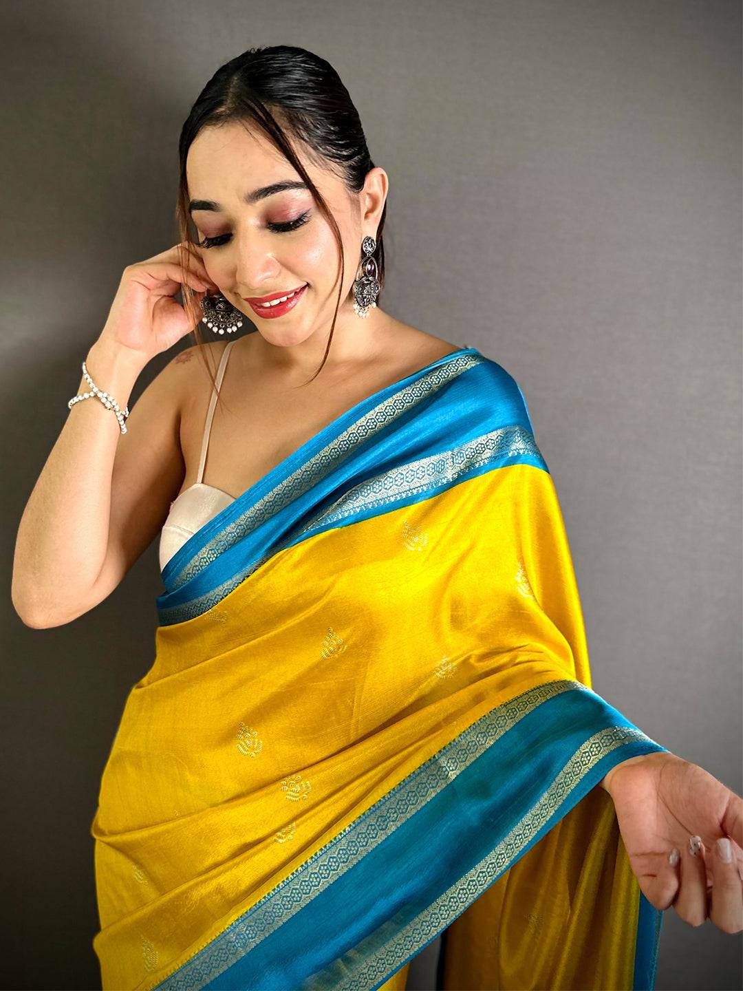 Yellow Soft Dola Block Print Pallu Saree