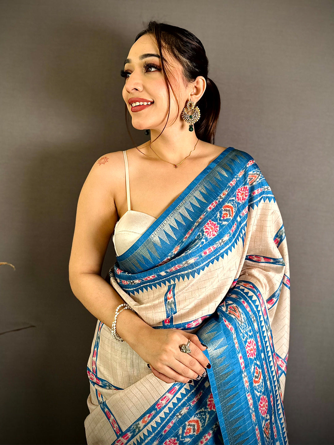 Sky Blue Meenakari Ikkat Print Tussar Saree