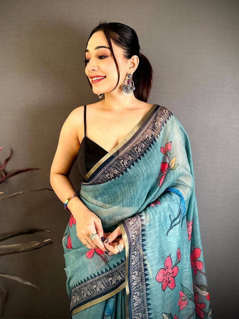 Majestic Linen Floral Kalamkari Saree