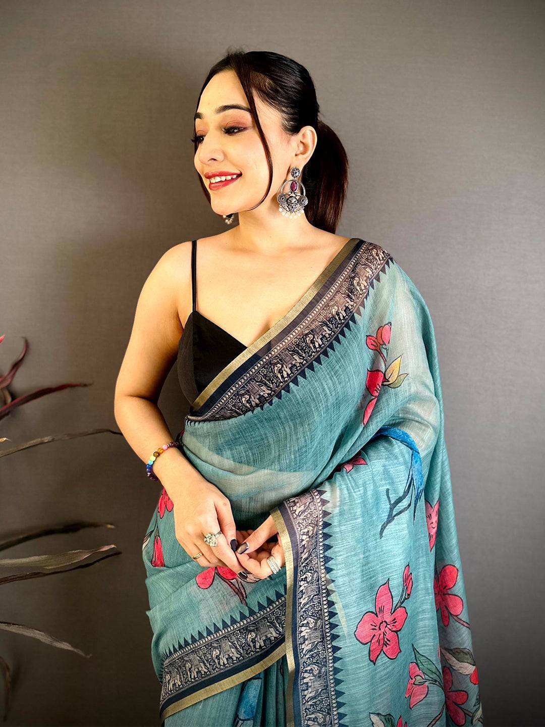 Majestic Linen Floral Kalamkari Saree