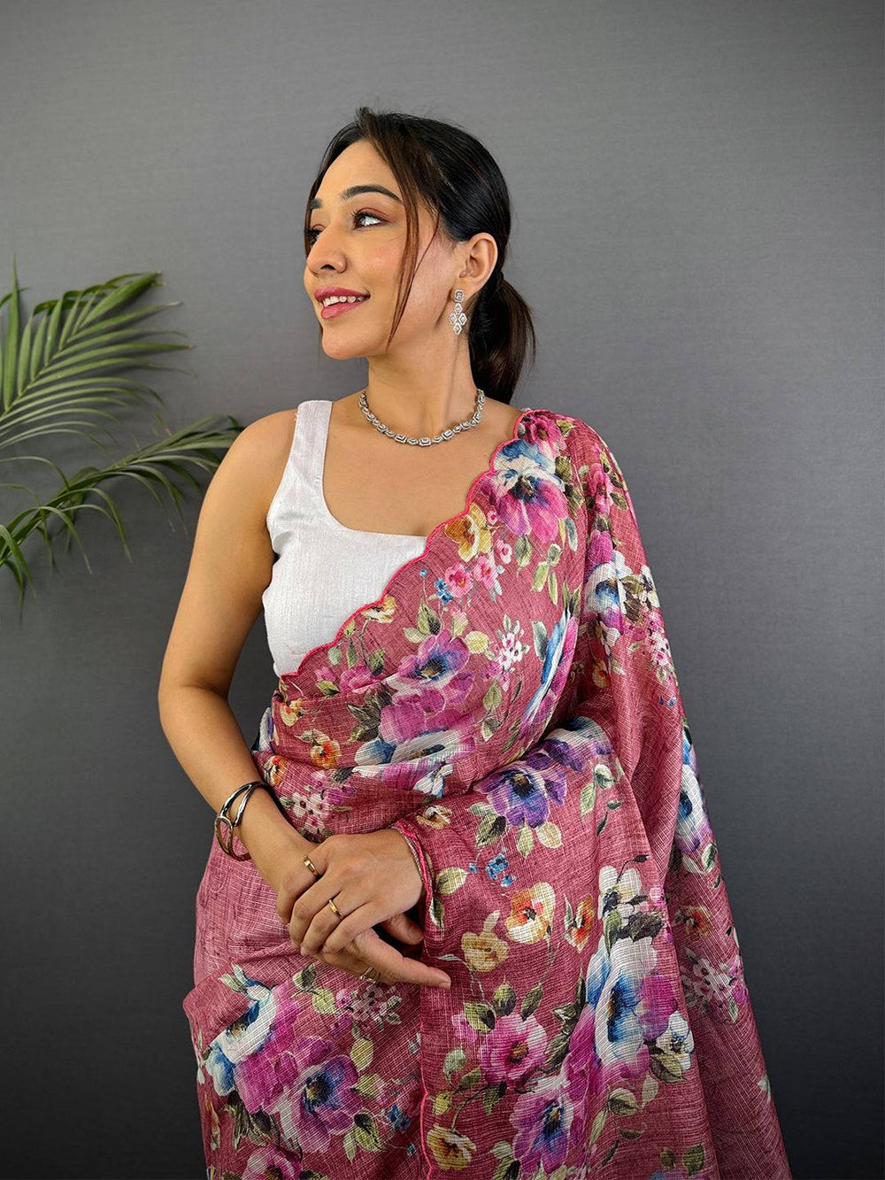 Dusty Mauve Floral Cut Work Kota Saree