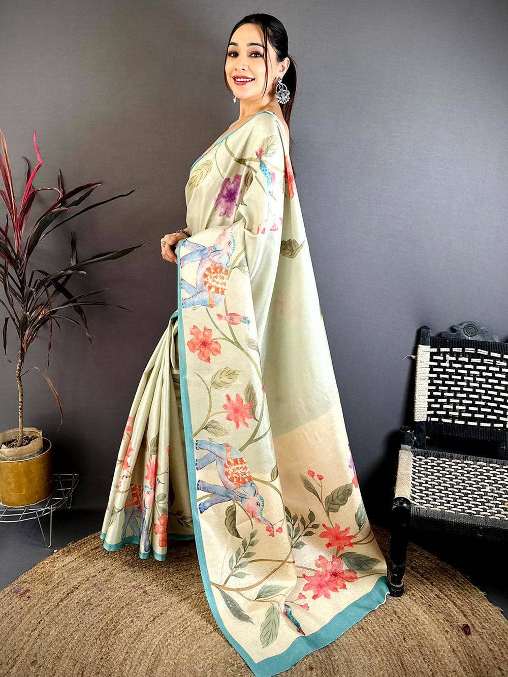 Green Tussar Floral Water Block Saree