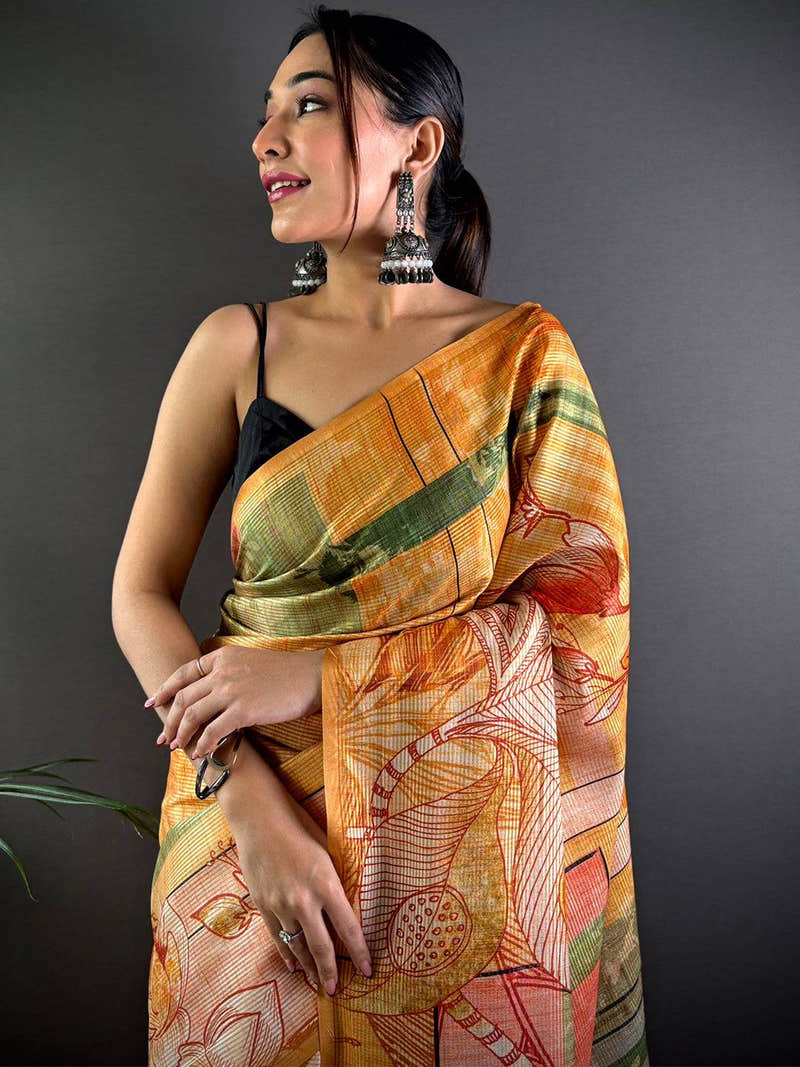 Yellow Tussar Silk Lush Botanical Prints Saree