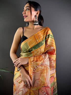 Yellow Tussar Silk Lush Botanical Prints Saree