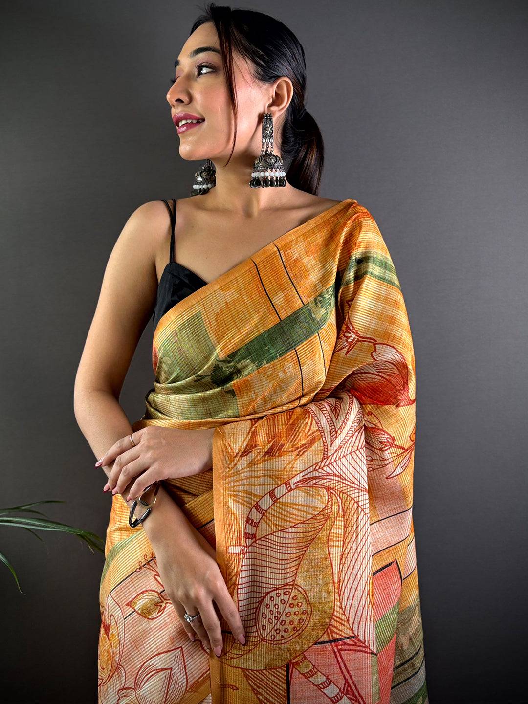 Yellow Tussar Silk Lush Botanical Prints Saree