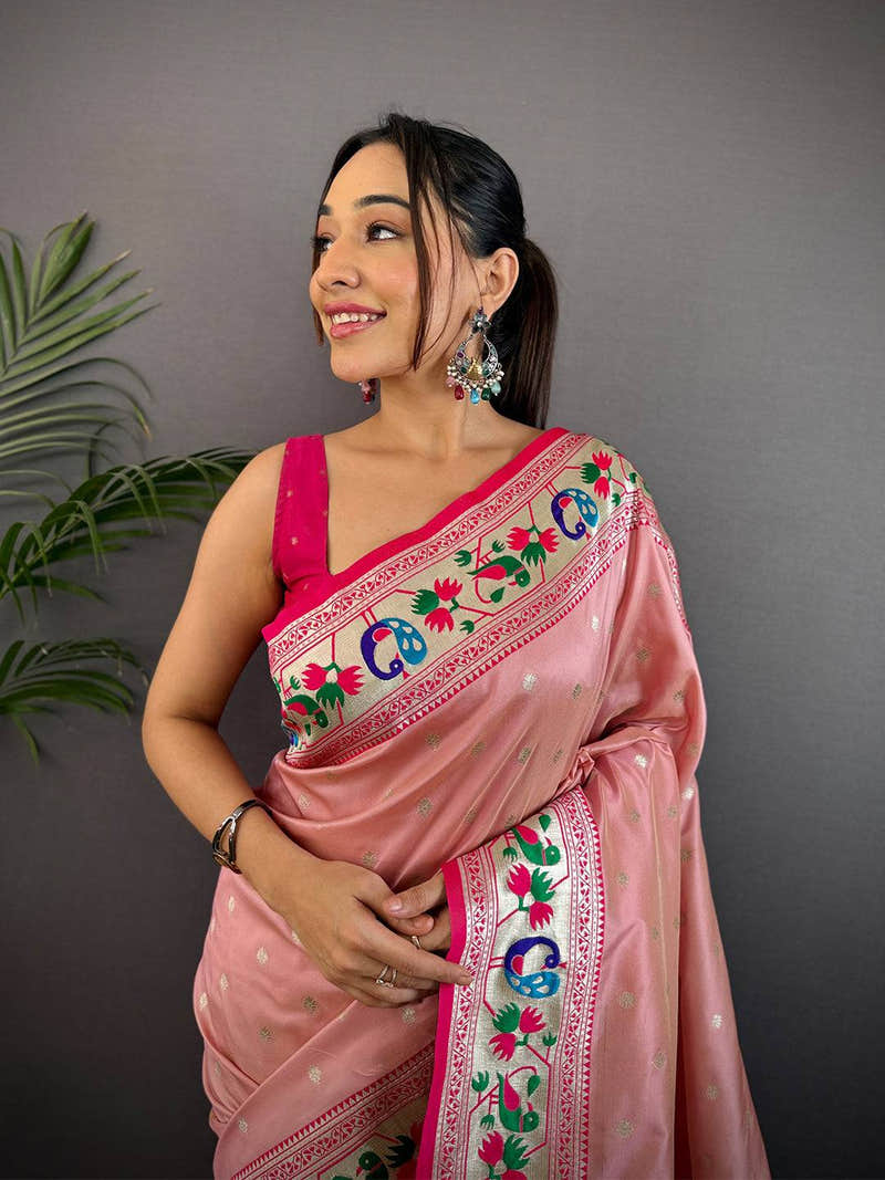 Baby Pink Soft Silk Paithani Meenakari Saree