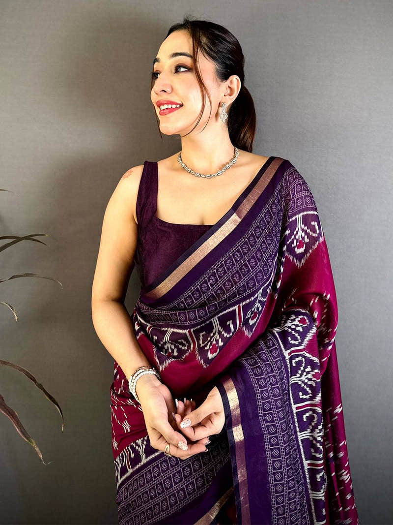 Wine Mul Cotton Ikkat Rudraksha Border Saree