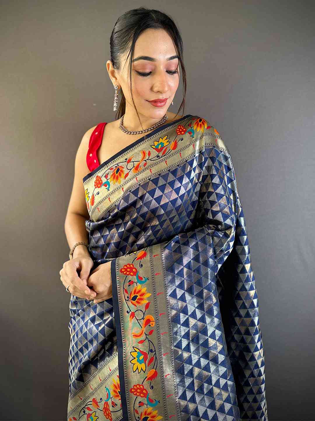 Navy Silk Blend Woven Zari Work Paithani Saree


