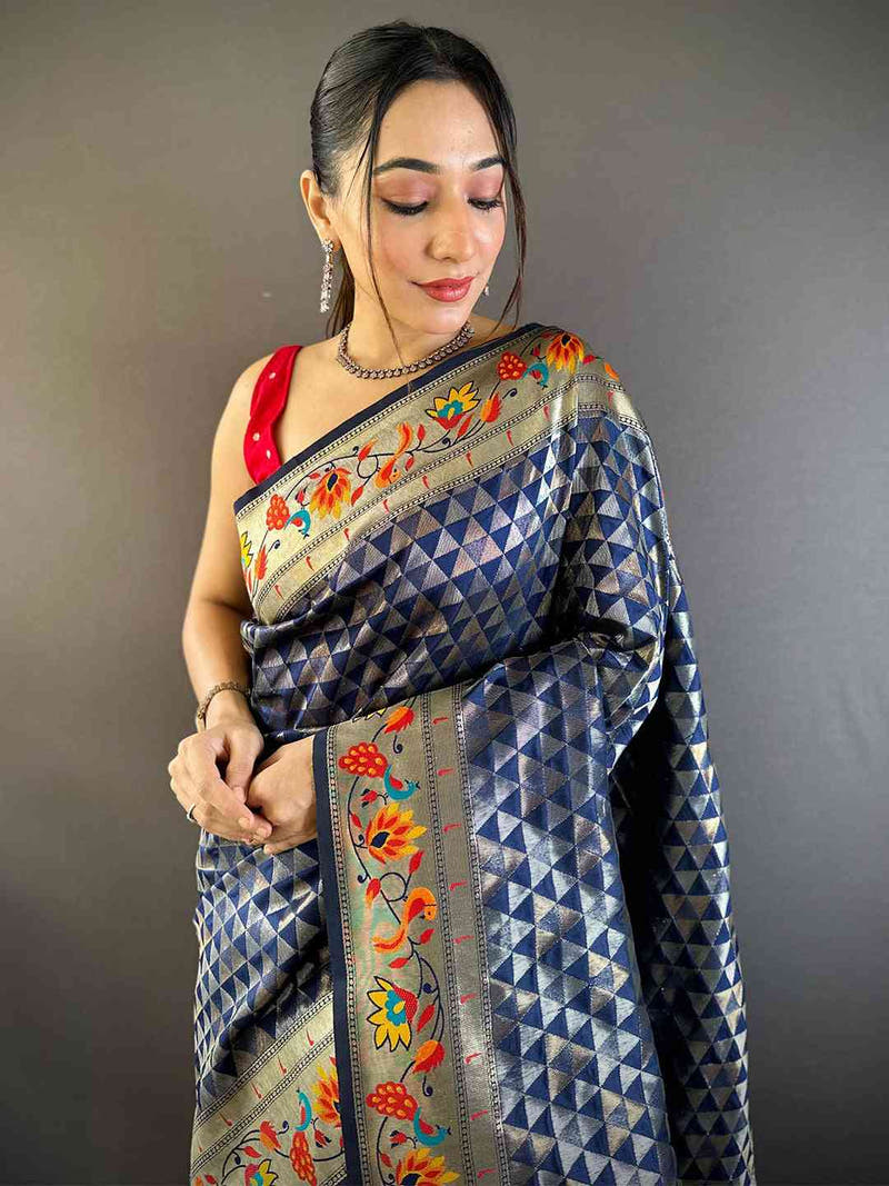 Navy Silk Blend Woven Zari Work Paithani Saree

