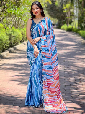 Blue Batik And Polka Dots Print Saree

