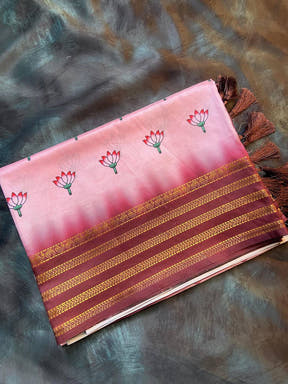Folded Pink 2 Ton Lotus Print Silk Saree with tassels