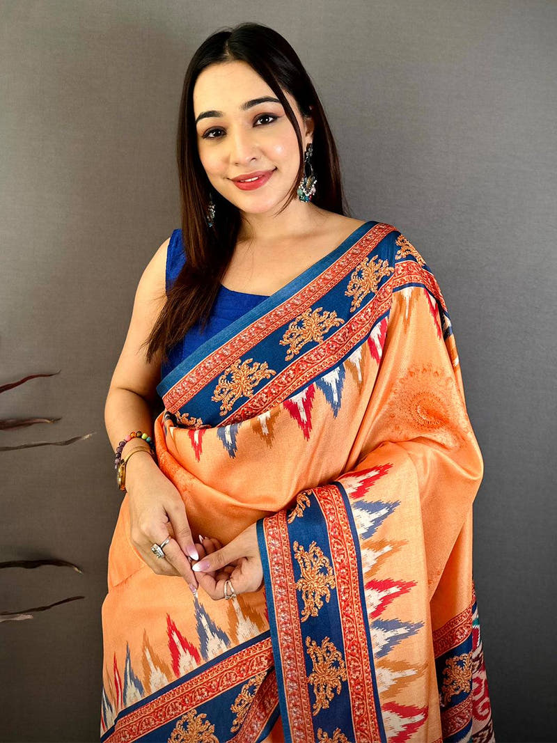 Orange Tanjore Ikkar Digital Tussar Saree