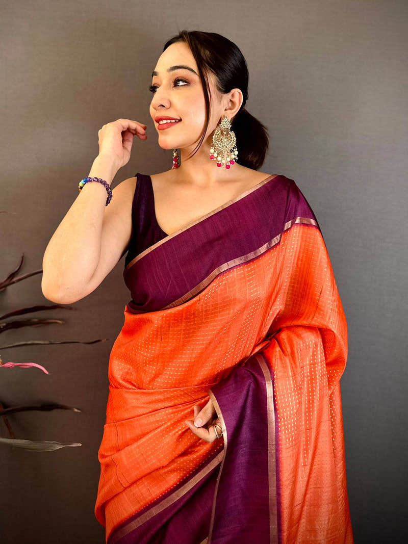 Saffron Orange Tussar Gold Zari 1000 Butti Saree