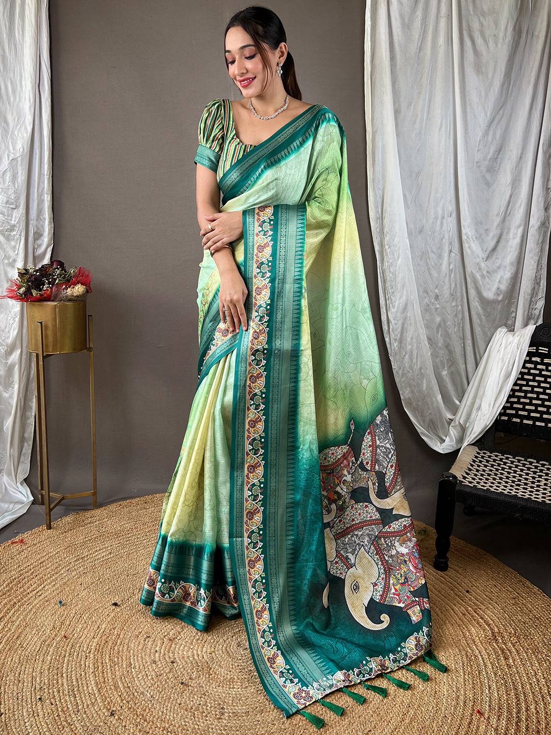 Elegant Emerald Green Kota Saree with rich Gadhwal Satin border