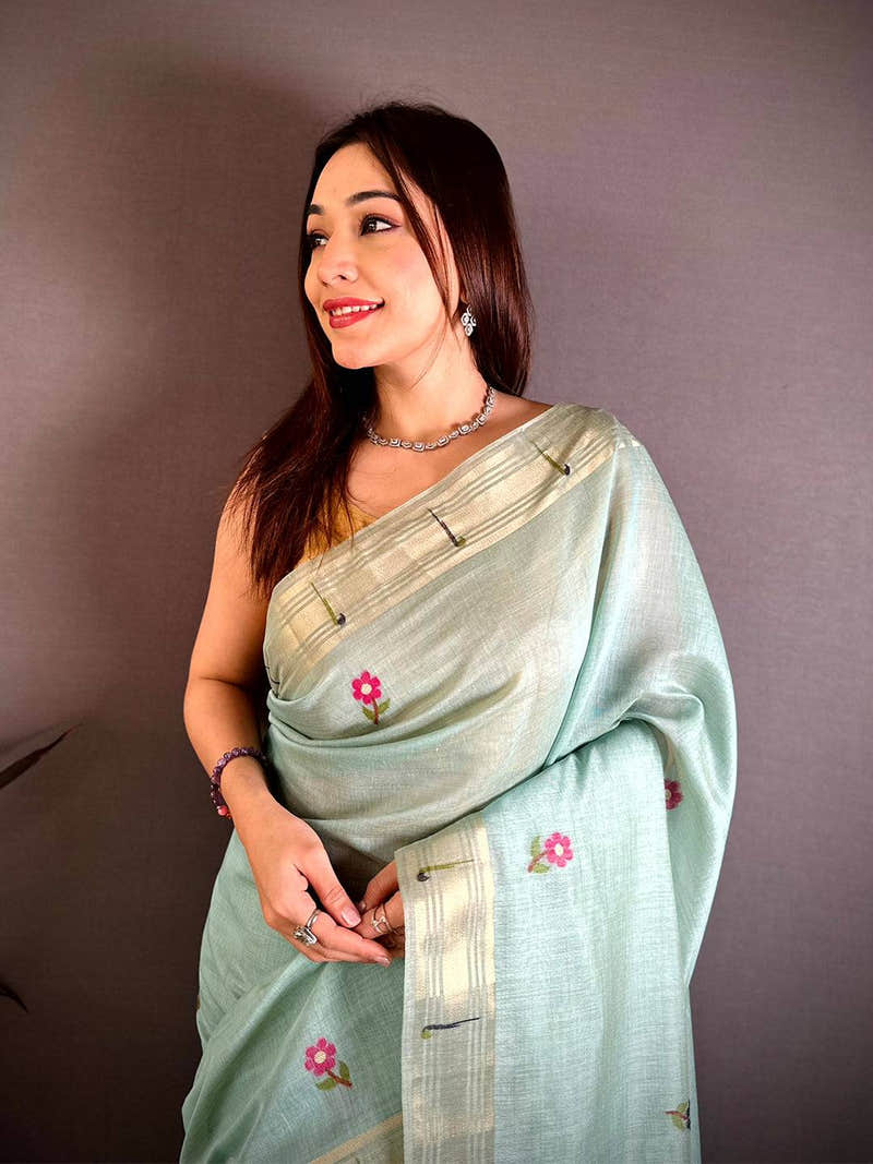 Sky Blue Sunflower Minakari Khadi Saree