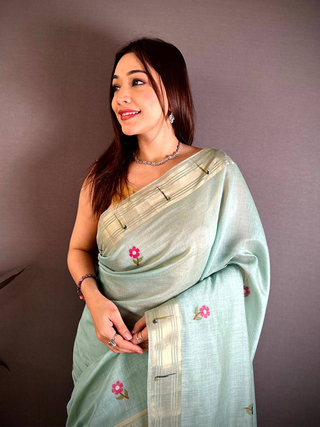 Sky Blue Sunflower Minakari Khadi Saree