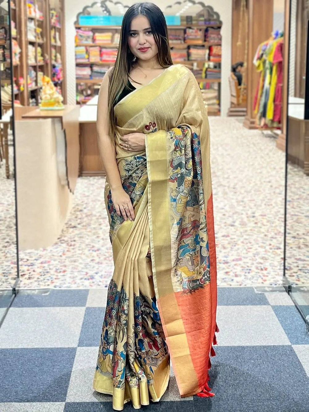 Model wearing Kalamkari linen tissue saree in store Vastranand 