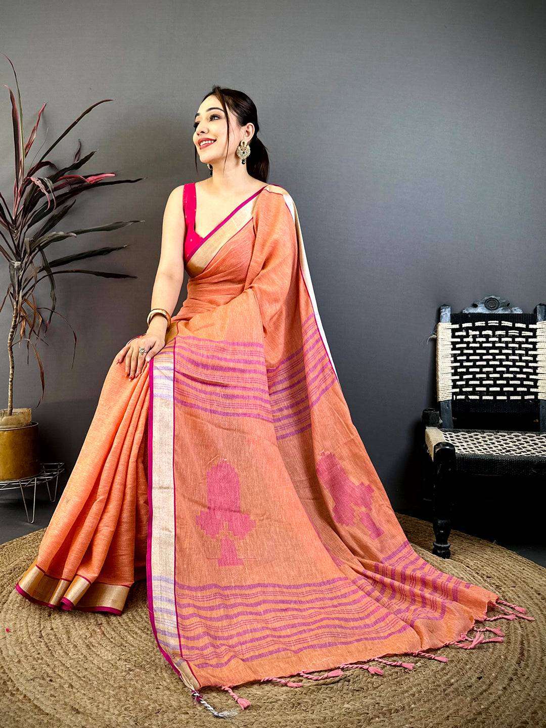 Orange Linen 60 Count Silver Zari Saree