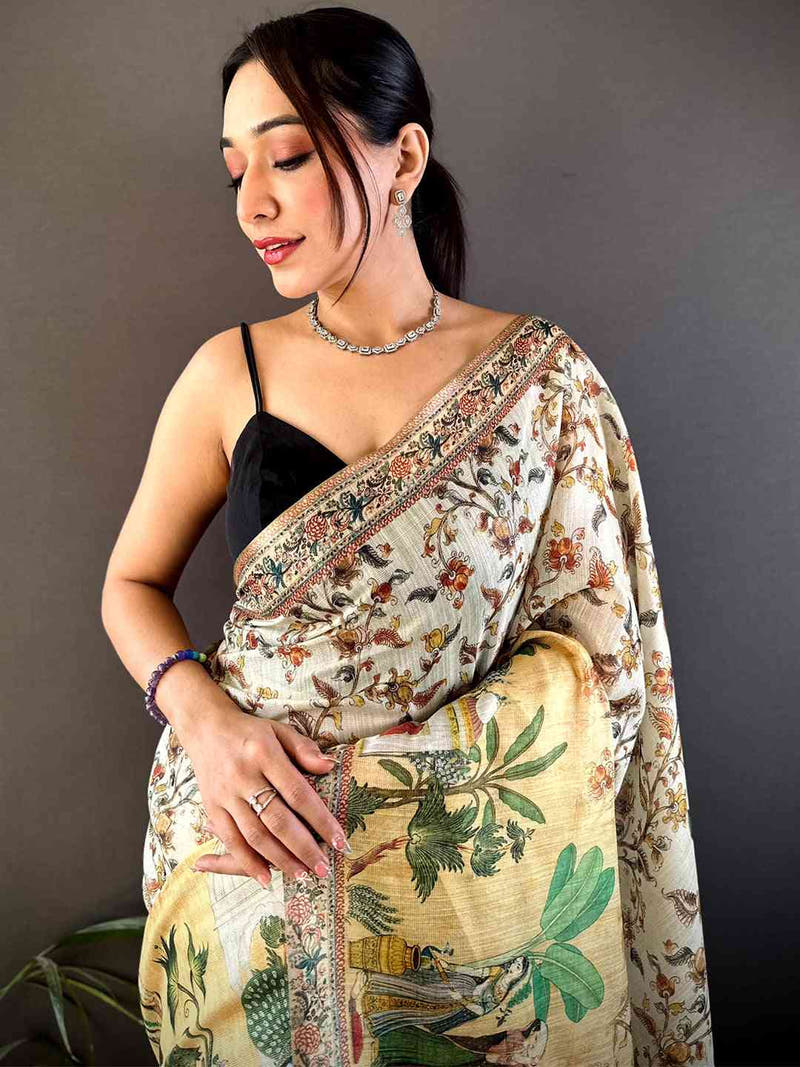 Off White Tussar Pashmina Kalamkari Saree