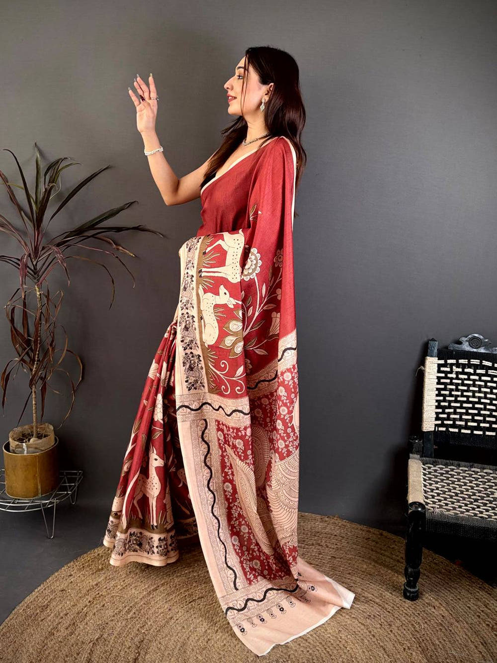 Classic Maroon Printed Soft Tussar Saree