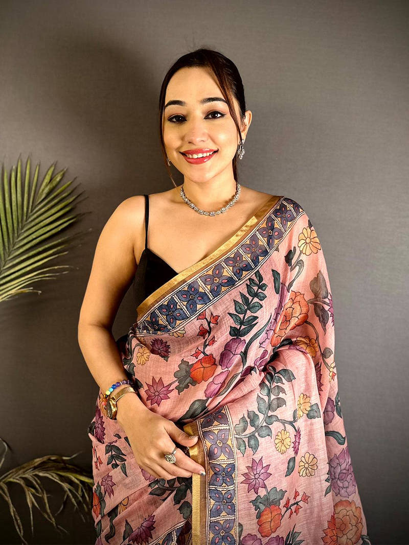 Stylish Floral Kalamkari Soft Linen Saree