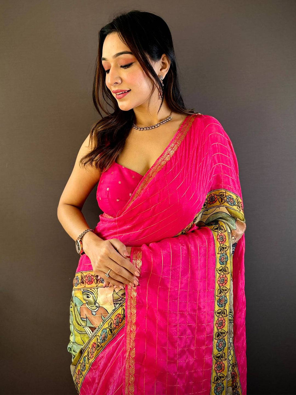 Pink Kalamkari Printed Viscos Chiffon Saree with golden stripes