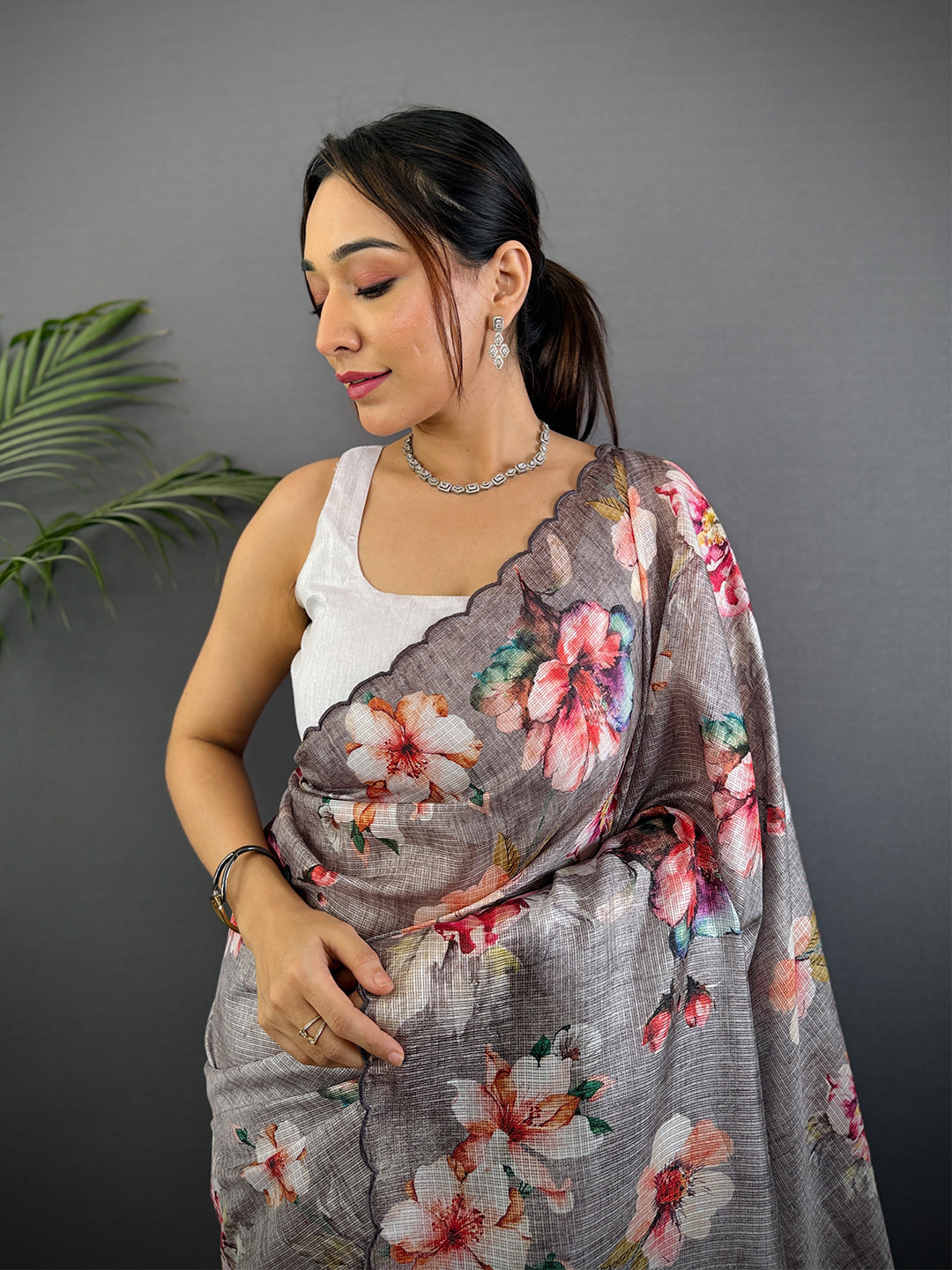 Grey Floral Cut Work Kota Saree